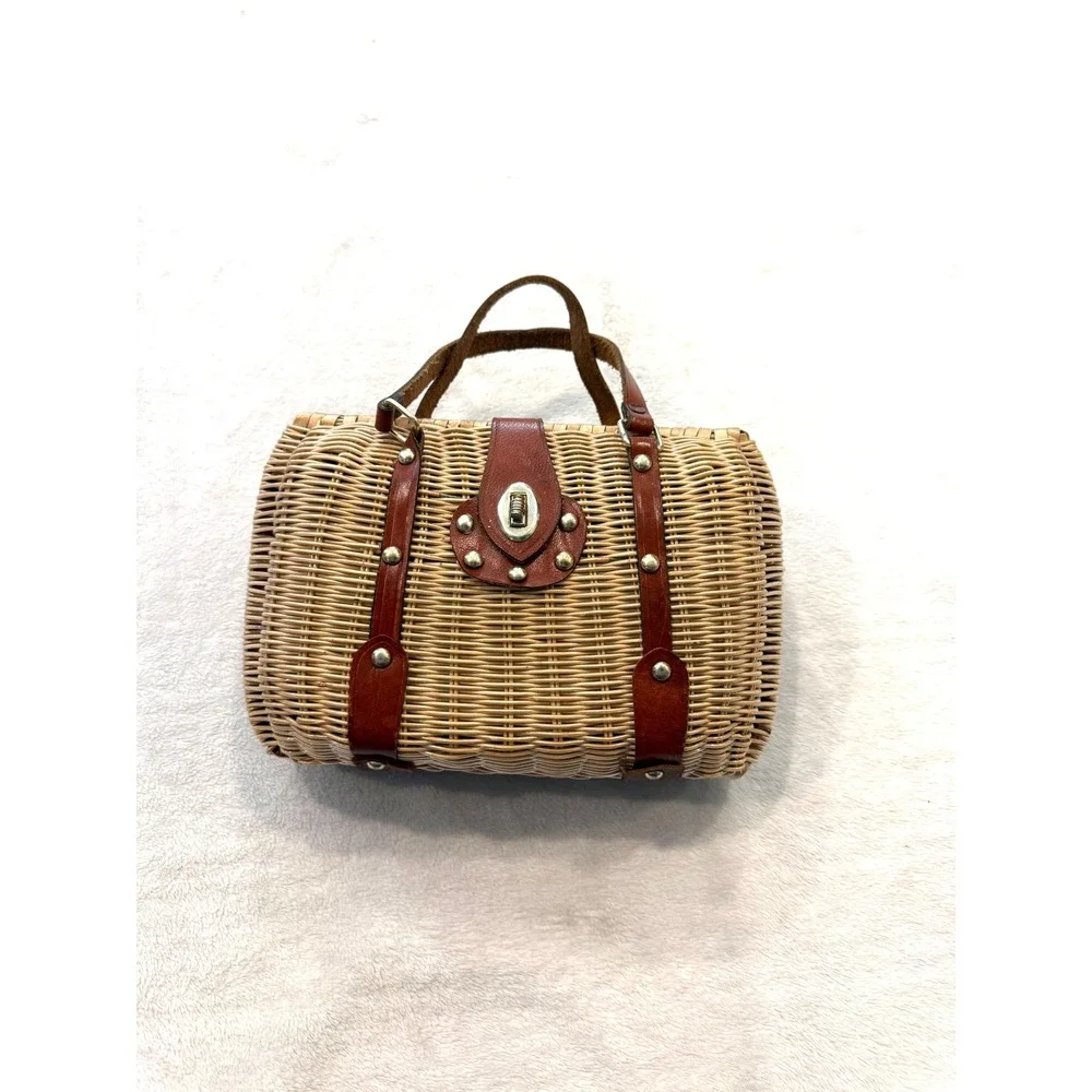 Vintage 1950s British Wicker Basket Handbag Brown Leather Trim Mid-Century Woven